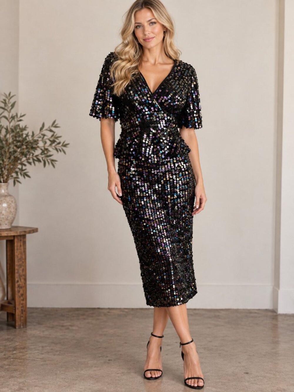Vintage Y2K Ms Selfridge Sequin Black Iridescent Two Piece Top + Skirt Set SZ 2